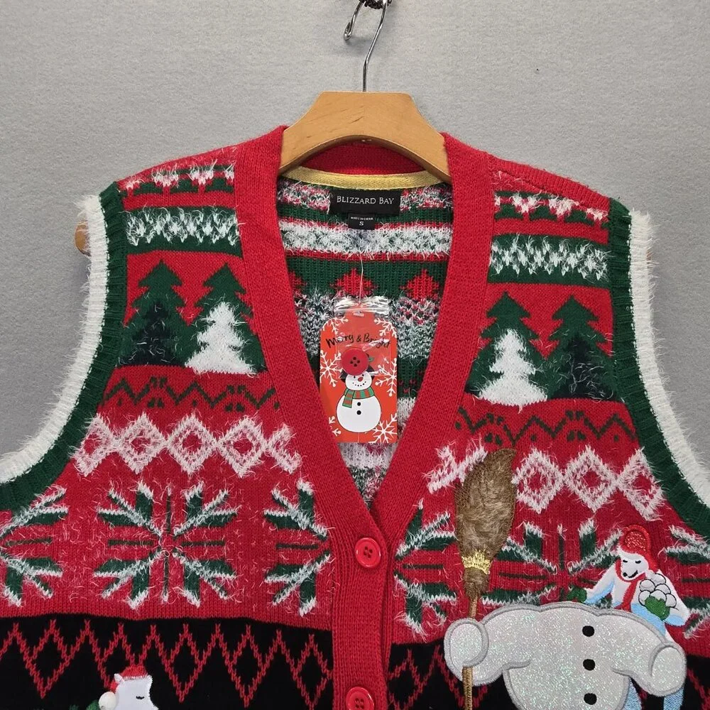 Blizzard Bay Red Green Snowman Ugly Christmas Vest S - Picture 3 of 9